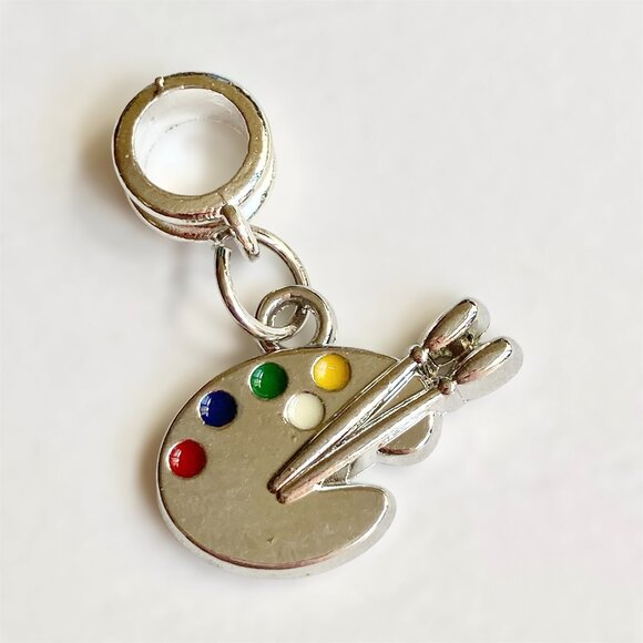 Art Palette Charm European Slider Bead Charms Silver Tone Enamel Artist Gift - Picture 1 of 7